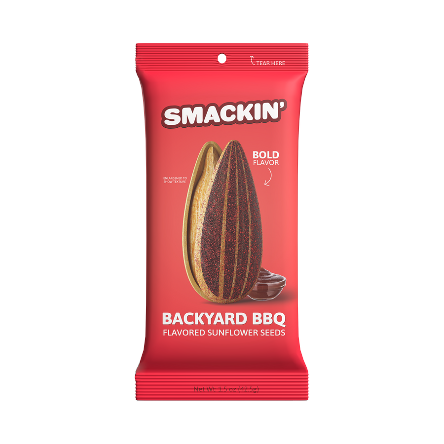 Digital illustration of a red Smackin' Backyard BBQ flavored sunflower seeds packet featuring a large, vertically split sunflower seed with dark red seasoning, a small bowl of BBQ sauce, and white text indicating Bold Flavor and Enlarged to show texture