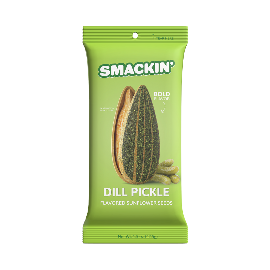 Product photo of a bright green Smackin' Dill Pickle Flavored Sunflower Seeds package featuring a large opened sunflower seed revealing its speckled kernel texture and several small gherkin pickles