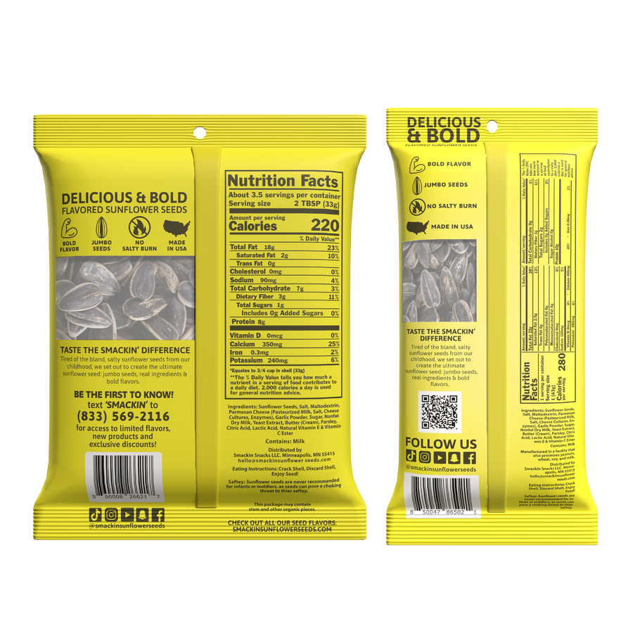 Two bright yellow Delicious & Bold flavored sunflower seed pouches, one displaying a clear window of jumbo seeds and a Made in USA icon with 220 calories nutrition facts, the other showing a QR code, social media icons, and 280 calories nutrition facts