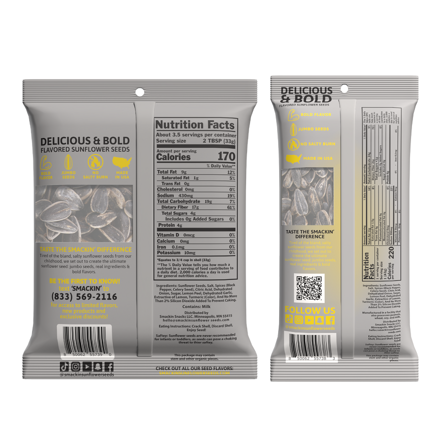 Product image of two gray and yellow Delicious & Bold flavored sunflower seed packages, the front displaying jumbo seeds, a Made in USA map icon, and Nutrition Facts listing 170 calories, while the back features a QR code and @smackinsunflowerseeds social media handles