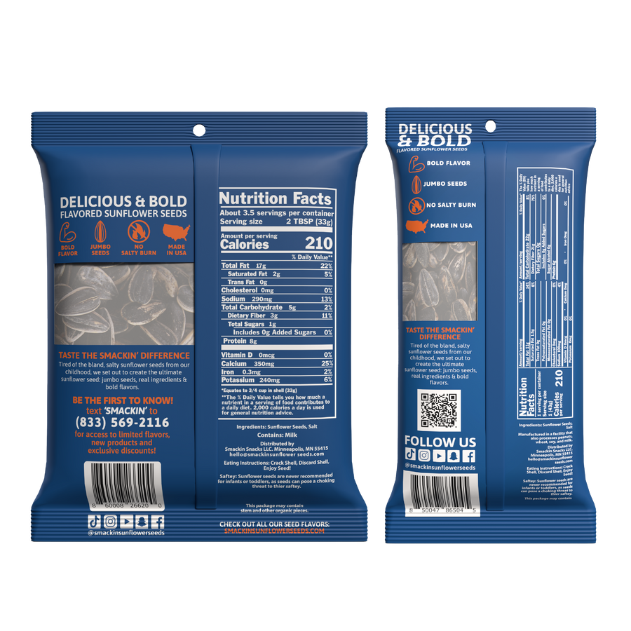 Product Photography of two dark blue bags of Delicious & Bold Flavored Sunflower Seeds, featuring clear windows revealing jumbo seeds, detailed nutrition facts displaying 210 calories, and a vibrant orange Made in USA map icon