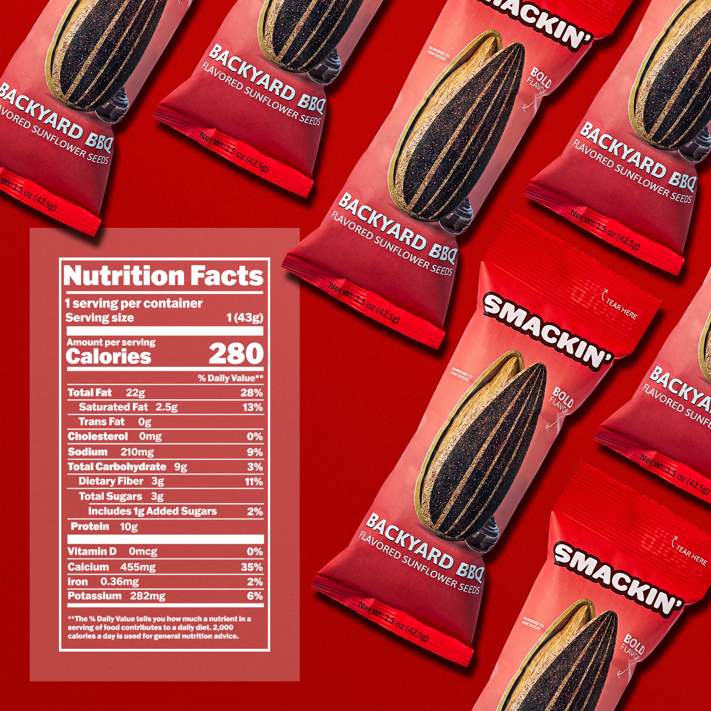 Product photography featuring several red Smackin' Backyard BBQ Flavored Sunflower Seeds pouches with a prominent nutrition facts label showing 280 calories and 10g protein on a vibrant red background
