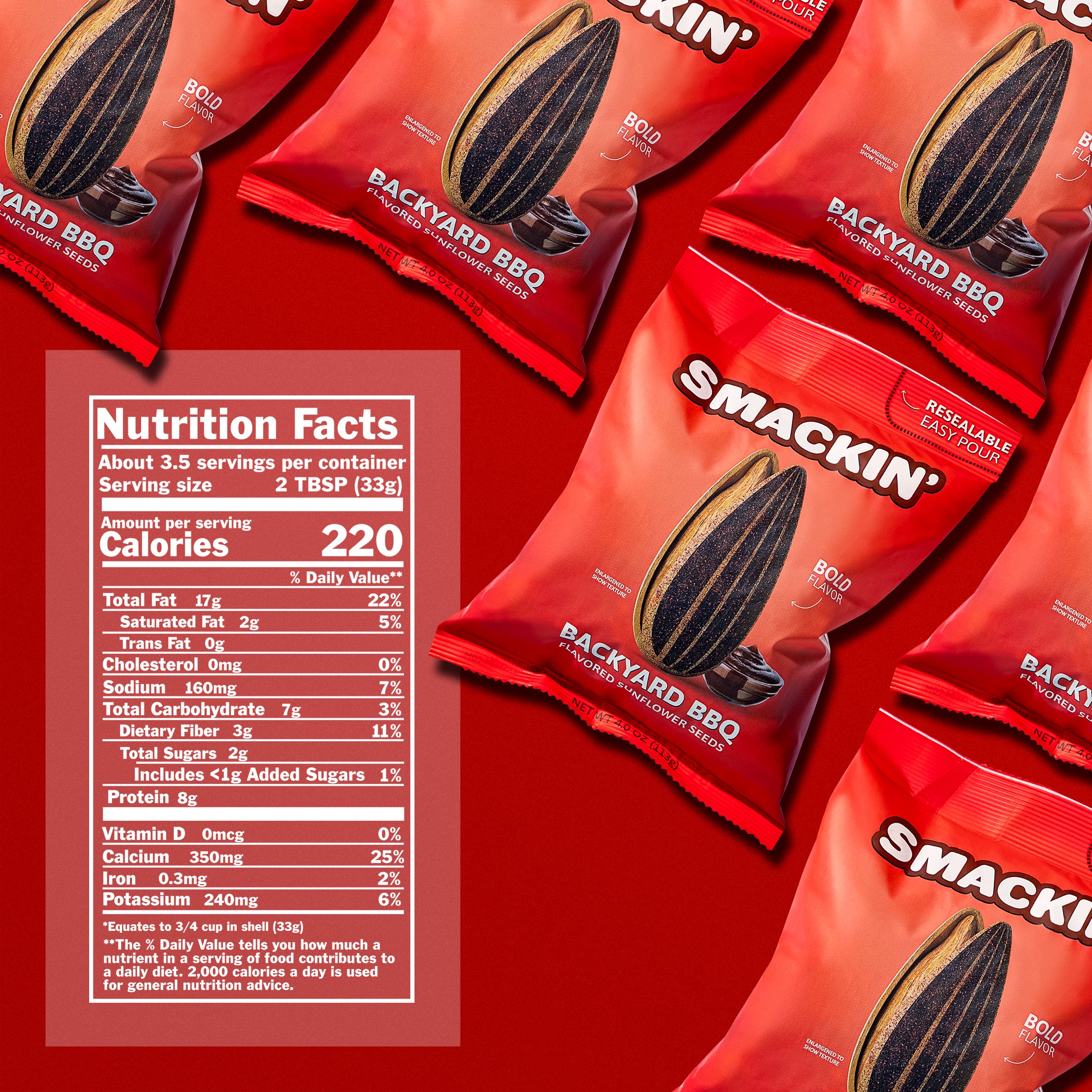 Product photography of multiple red Smackin' Backyard BBQ Flavored Sunflower Seeds bags scattered on a vibrant red background, featuring enlarged sunflower seed and BBQ sauce graphics, 'Bold Flavor' text, and a partial view of the white Nutrition Facts panel