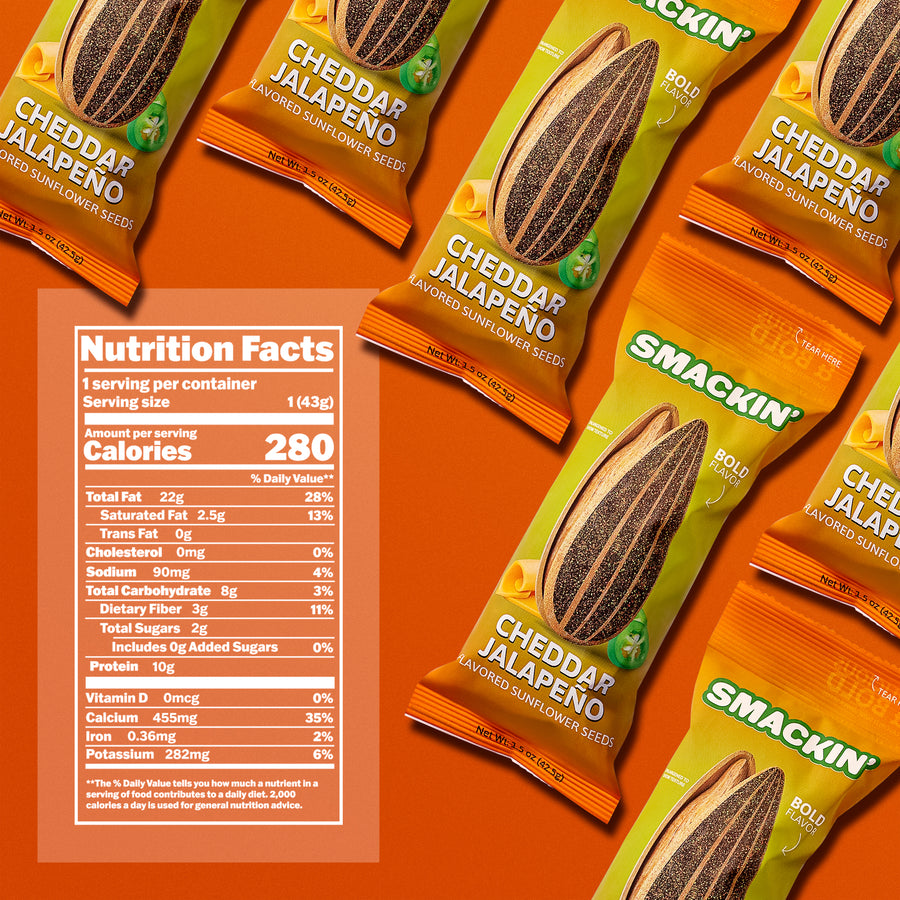 Product photography of multiple SMACKIN' brand Cheddar Jalapeño flavored sunflower seed bags on a vibrant orange background, featuring lime green and orange packaging with a sliced jalapeño graphic and a prominent nutrition facts panel showing 280 calories