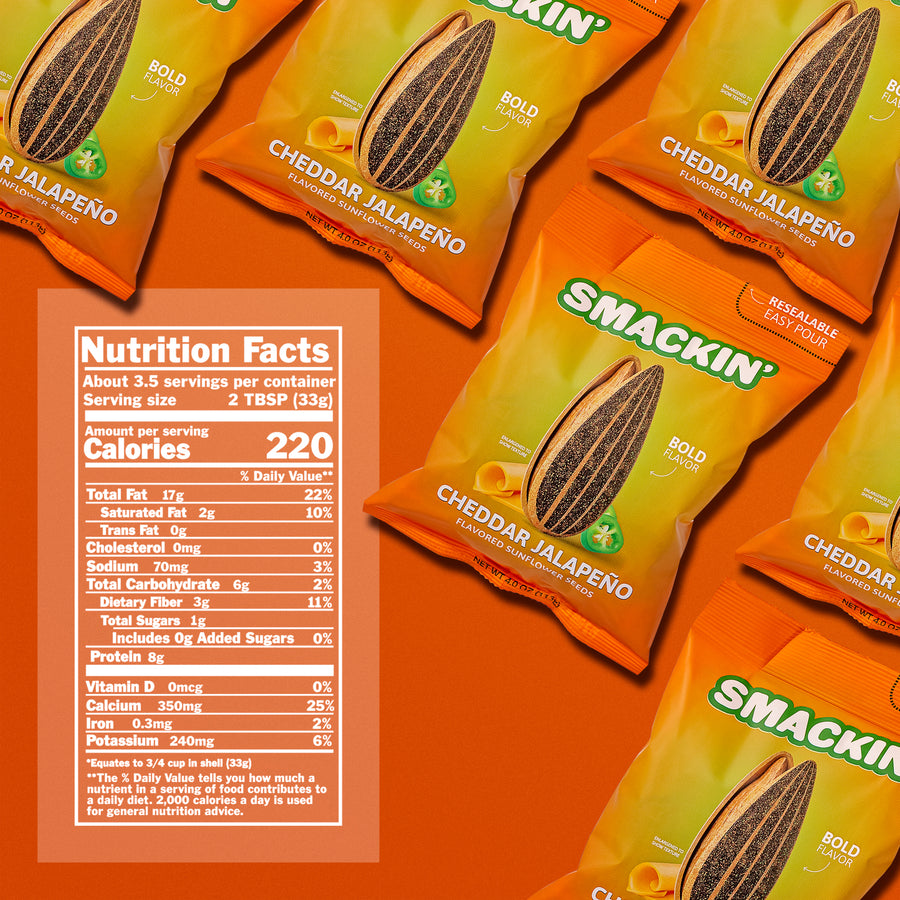 Product photography of multiple Smackin' Cheddar Jalapeño flavored sunflower seeds bags featuring large sunflower seed, jalapeño, and cheese curl illustrations, a "Bold Flavor" callout, and a "Resealable Easy Pour" opening, spread across an orange background with a clear Nutrition Facts label in the foreground showing 220 calories per serving