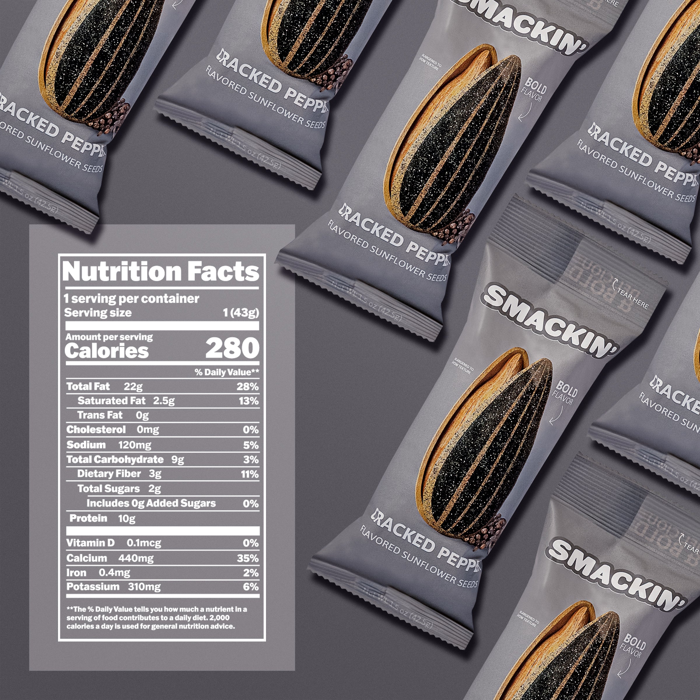Product photograph displaying a pattern of gray Smackin' Cracked Pepper Flavored Sunflower Seeds bags, each with a vibrant yellow and black cracked sunflower seed graphic showing pepper specks and a "Bold Flavor" arrow, accompanied by a white nutrition facts label highlighting 280 calories and 10g protein