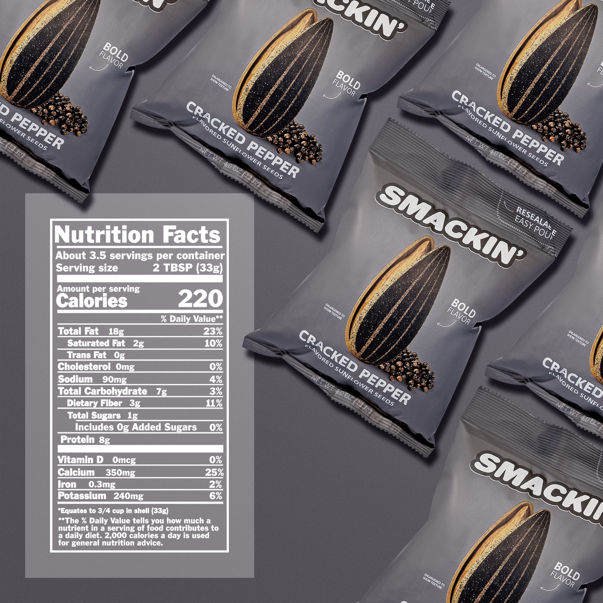 Product photograph of multiple dark grey Smackin' Cracked Pepper Flavored Sunflower Seeds bags on a grey surface, each bag featuring a striking graphic of an enlarged sunflower seed and black peppercorns, "Bold Flavor" text, and a visible white Nutrition Facts label on the bottom left detailing 220 calories