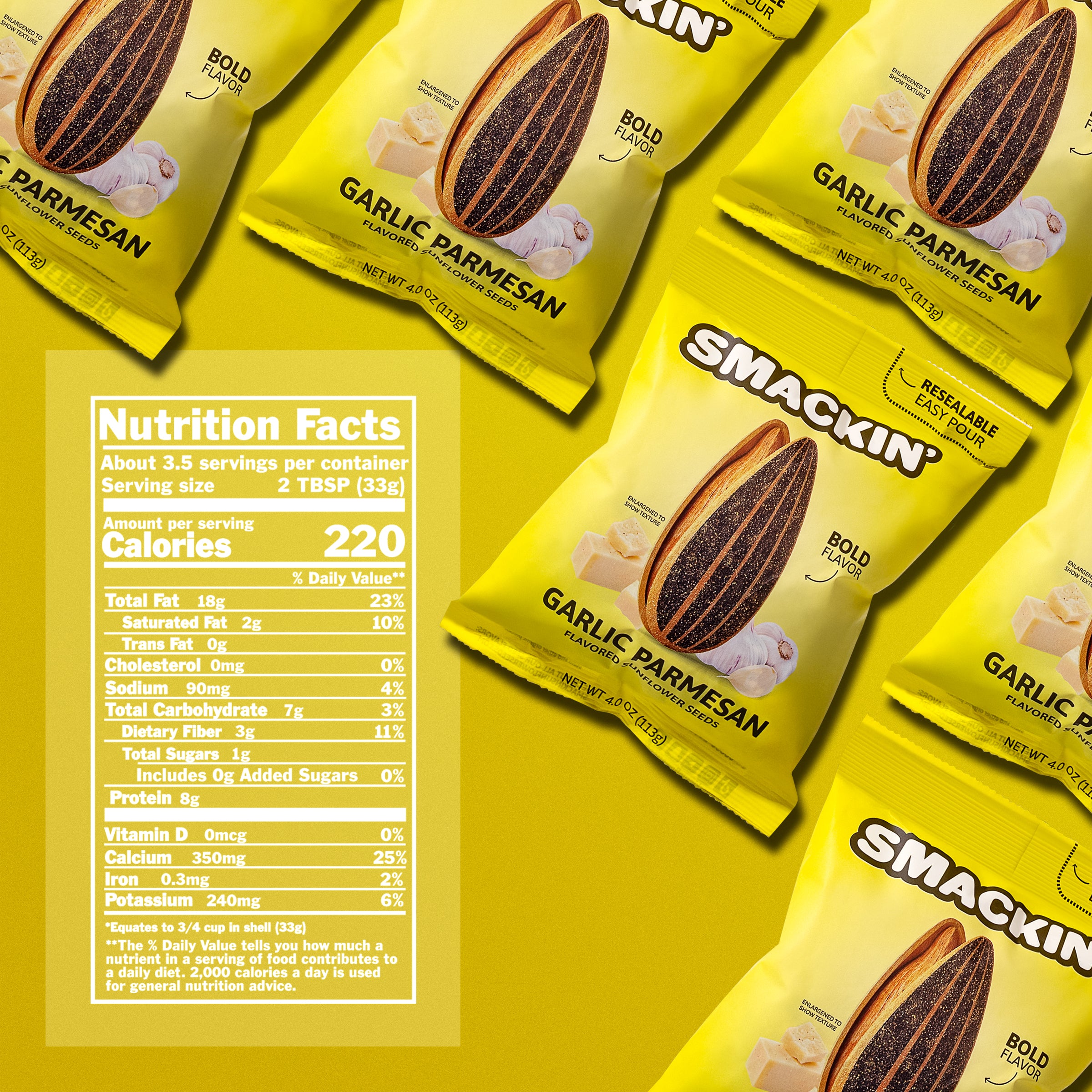 Product photography of multiple bright yellow Smakin' Garlic Parmesan Flavored Sunflower Seeds bags featuring bold graphics of an opened sunflower seed, garlic, and parmesan cheese, with one bag highlighting "Bold Flavor" and another "Resealable Easy Pour," and a visible nutrition facts label