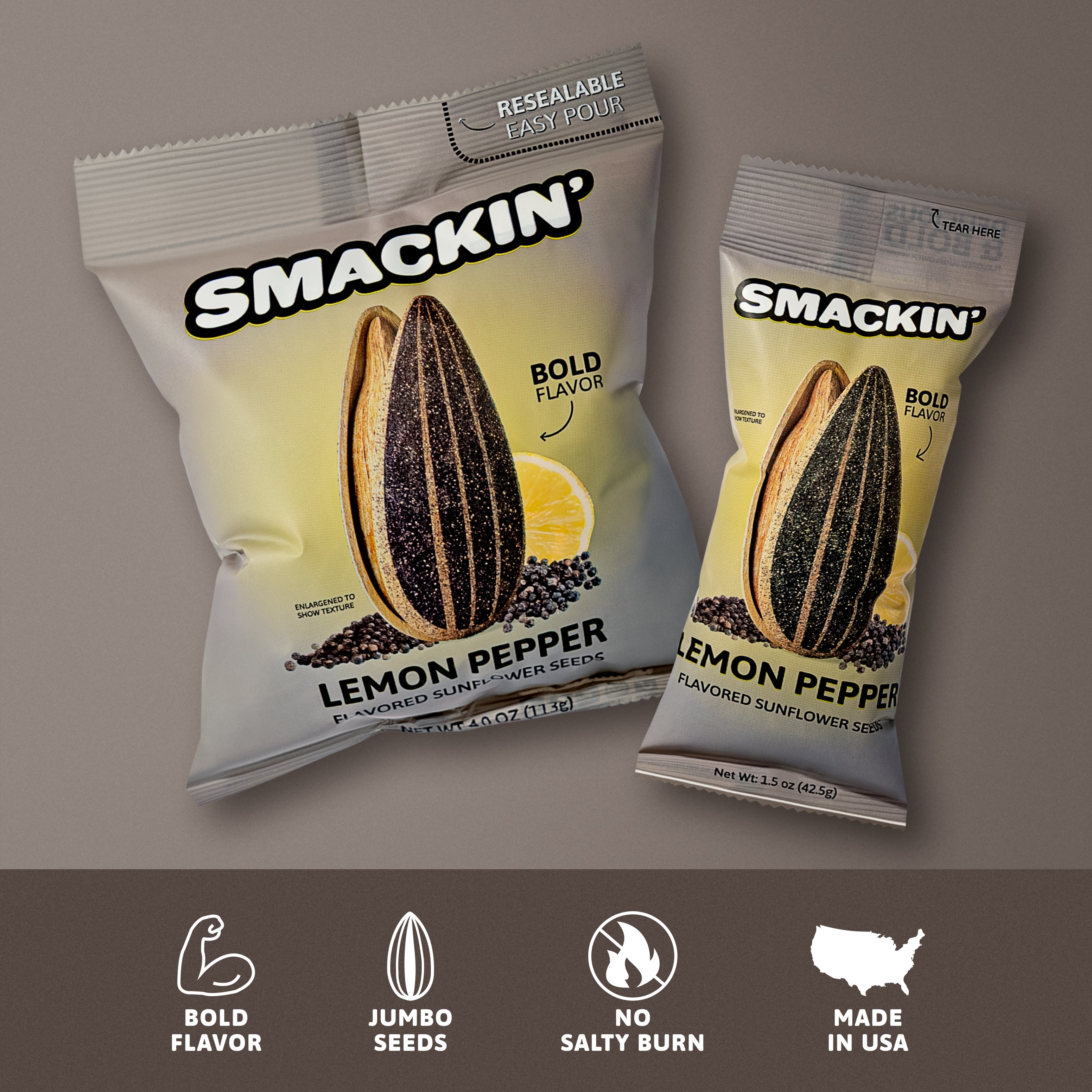 Product photography of two different-sized Smackin' Lemon Pepper Flavored Sunflower Seeds bags, showcasing a large sunflower seed, a bright lemon slice, black peppercorns, and the resealable easy pour feature on the larger bag, with icons highlighting bold flavor, jumbo seeds, and Made in USA