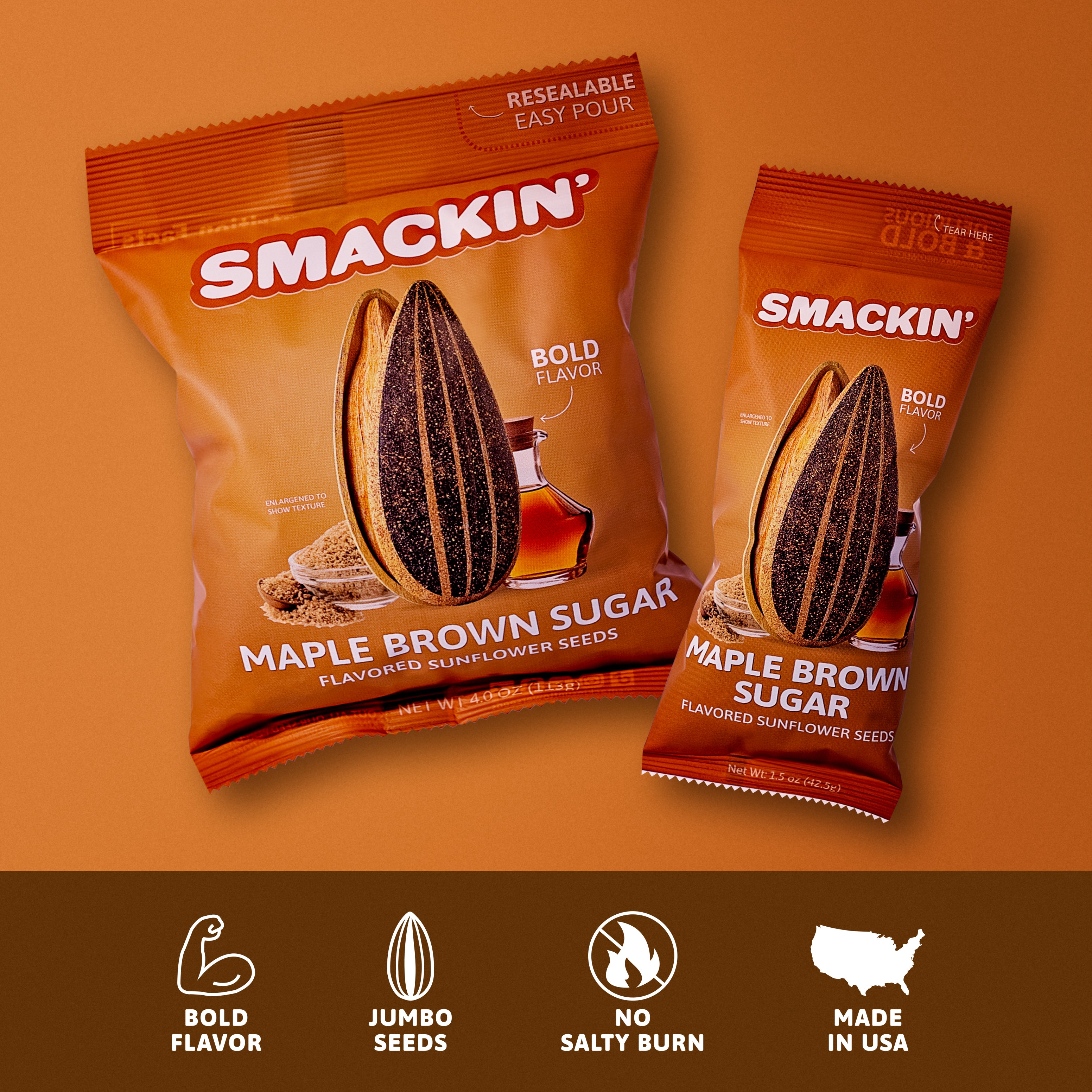 Product image of two orange-brown Smackin' Maple Brown Sugar Flavored Sunflower Seeds bags, a large 4 oz and a smaller 1.5 oz, featuring split sunflower seed, maple syrup, and brown sugar graphics with text promoting bold flavor, jumbo seeds, and Made in USA