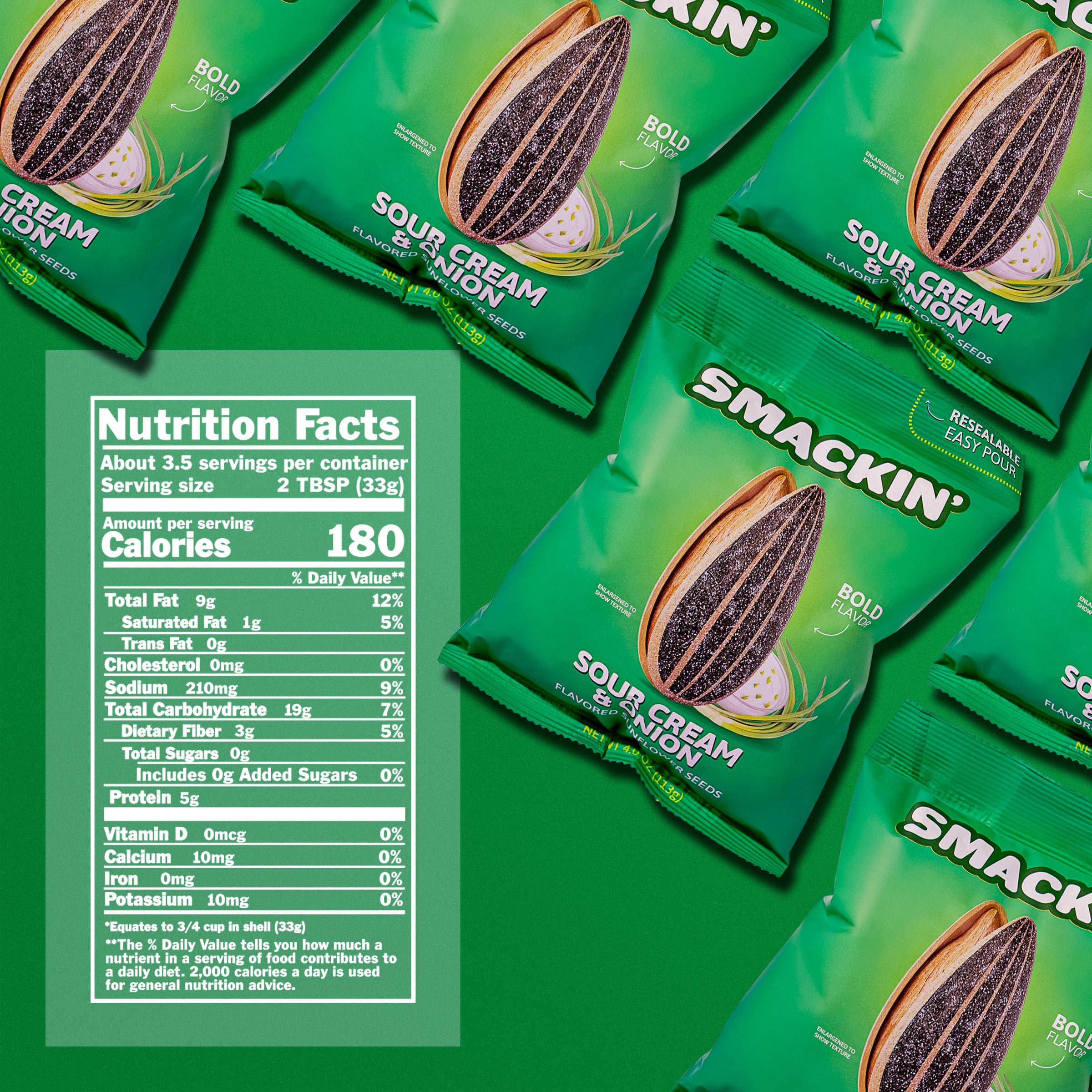 Digital product photography showing several bright green bags of Smakin' Sour Cream & Onion Flavored Sunflower Seeds featuring a large speckled seed illustration and a detailed nutrition facts panel on a vibrant green background