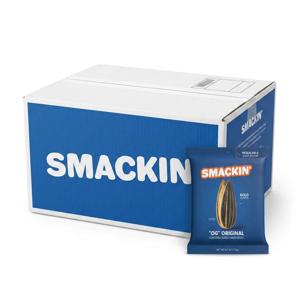 A Smackin' OG Original flavored sunflower seeds product showing a large blue and white shipping box and a smaller dark blue individual bag with a prominent sunflower seed graphic and Bold Flavor text on a white background